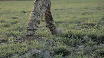 avvicinamento di del soldato stivali su campo, militare stivali su il erba, cattura il dettaglio e struttura di un' del soldato calzature durante un' pattuglia. video