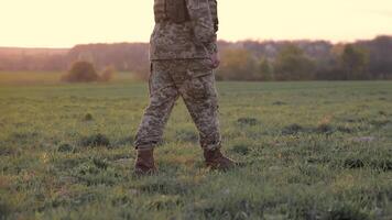 militar presencia en rural paisaje, un solitario soldado camina a través de un verde campo a atardecer, simbolizando preparación y vigilancia. video