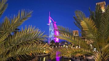 eau, dubai - unido árabe emiratos 01 abril 2024 burj Alabama árabe a noche con vibrante Encendiendo. el icónico burj Alabama árabe hotel iluminado en vibrante colores a noche, enmarcado por palma hojas en Dubái video