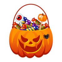 Halloween Pumpkin bucket of with candies. Spooky face Pumpkin Bag with lollipops, sweets, candy. Trick or treat Basket png
