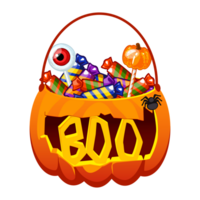 Halloween Pumpkin bucket with candies. Pumpkin Bag with lollipops, sweets, candy. Trick or treat Basket with text BOO png