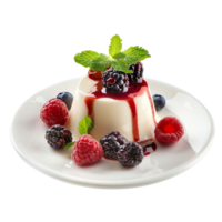 Fresh panna cotta with berries and mint on white plate isolated on transparent background. AI Generate png