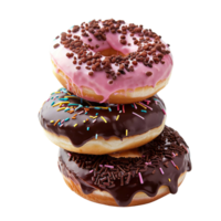 Three donuts with different toppings on a white background. AI Generate png