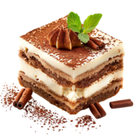 Tiramisu bolo com chocolate cobertura e hortelã folha em uma prato com cacau pó ai gerar png