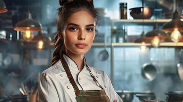 Beautiful female chef in uniform in a restaurant kitchen. Neural network photo