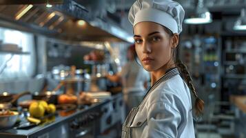 Beautiful female chef in uniform in a restaurant kitchen. Neural network photo