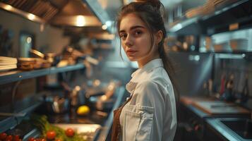 Beautiful female chef in uniform in a restaurant kitchen. Neural network photo