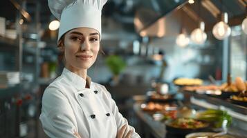 Beautiful female chef in uniform in a restaurant kitchen. Neural network photo
