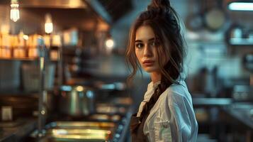 Beautiful female chef in uniform in a restaurant kitchen. Neural network photo