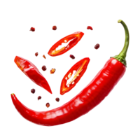 rood chili peper met stukken van chili omringen png