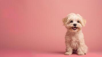 Portrait of a cute Shi-Tsu puppy on a colored background. Neural network photo