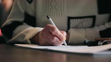 een vrouw maakt aantekeningen met een pen in een notitieboekje gedurende een lezing, detailopname. video