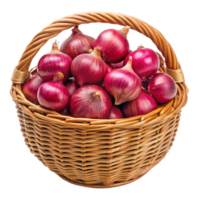 un Paja cesta lleno con rojo cebollas png