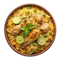 A Bowl of Tasty Biryani With Chicken Pieces png