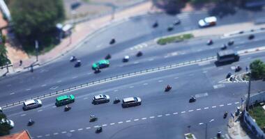 A traffic jam at the miniature busy town in Ho Chi Minh high angle tiltshift video