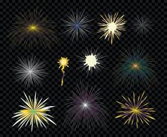 Glowing firework collection. Fireworks isolated on a dark background. Festive fireworks, explosion. Design template for celebrating concept, greeting cards, banners. vector