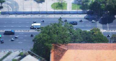 A traffic jam at the miniature busy town in Ho Chi Minh high angle tiltshift video
