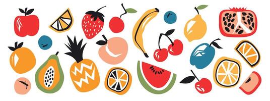 Set of various abstract fruits and berries. Contemporary trendy illustration. Fruit collection design for interior, poster, cover, banner. All elements are isolated. vector