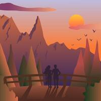 joven hombre y mujer abrazando a atardecer, mirando hacia montaña rangos y bosque terminado cuales el Dom es ya torneado naranja. ilustración amor relación familia vida en naturaleza en un viaje vector