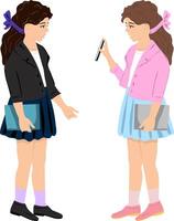 Illustration of a schoolgirl communicating. beauty kids are dressed in summer skirts and stylish jackets of a short model. illustration one girl shows another app on smartphone display. Girls vector
