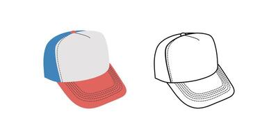 clásico y2k, 90s y 2000 estético. plano y contorno estilo gorra, béisbol gorra, Clásico elemento. dibujado a mano ilustración. parche, pegatina, insignia, emblema. vector