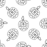 Classic y2k, 90s and 2000s aesthetic. Outline style retro electronic pet pocket game, vintage seamless pattern. Hand-drawn illustration. vector