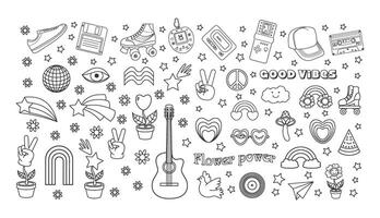 Groovy hippie 70s, classic y2k, 90s and 2000s aesthetic. Outline style set of vintage elements. Hand-drawn illustration. vector
