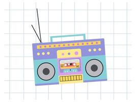 Classic y2k, 90s and 2000s aesthetic. Flat style retro boombox, audio recorder, vintage element. Hand-drawn illustration on background of checkered notebook sheet. vector
