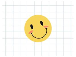 Classic y2k, 90s and 2000s aesthetic. Flat style retro happy face, emoji, vintage element. Hand-drawn illustration on background of checkered notebook sheet. Patch, sticker, badge, emblem. vector