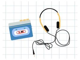 Classic y2k, 90s and 2000s aesthetic. Flat style retro headphones and cassette player, vintage element. Hand-drawn illustration on background of checkered notebook sheet. vector