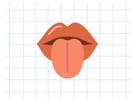 Classic y2k, 90s and 2000s aesthetic. Flat style An open mouth with tongue out, vintage element. Hand-drawn illustration on background of checkered notebook sheet. vector