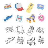 Classic y2k, 90s and 2000s aesthetic. Flat and outline style set of vintage elements. Hand-drawn illustration. Patch, sticker, badge, emblem. vector