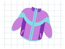 Classic y2k, 90s and 2000s aesthetic. Flat style retro tracksuit of the 90s, jacket, zip-up jacket, vintage element. Hand-drawn illustration on background of checkered notebook sheet. vector