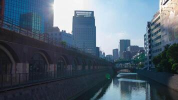 A timelapse of the river at Mansei bridge in Tokyo wide shot zoom video