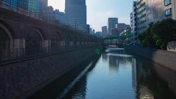 A timelapse of the river at Mansei bridge in Tokyo wide shot panning video