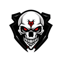 Fierce skull emblem with a fiery gaze and a mysterious red mark png
