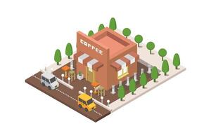 Illustrated isometric coffee shop building vector