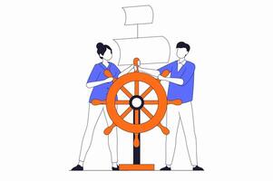 Teamwork concept with people scene in flat outline design. Man and woman hold steering wheel of ship, achieve goals and develop business. illustration with line character situation for web vector