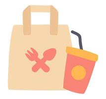 para llevar comida paquetes en plano diseño. papel almuerzo bolso y bebida taza. ilustración aislado. vector