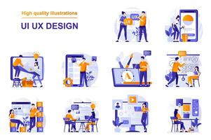 UI UX design web concept with people scenes set in flat style. Bundle of designers doing research and prototyping, creates usability layout for mobile apps. illustration with character design vector