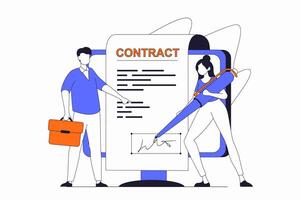 Business activities concept with people scene in flat outline design. Man and woman conclude agreement on partnership and signing contract. illustration with line character situation for web vector