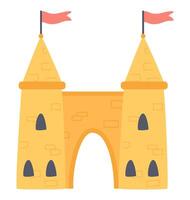 Medieval tower with flags in flat design. Fairytale decoration at park. illustration isolated. vector