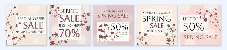 Spring Sale square template set for ads posts in social media. Bundle of layouts with silhouette flowers in pastel pink color. Suitable for mobile apps, banner design and web ads. illustration. vector