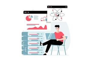 Data science concept with people scene in flat design. Man scientist working with molekules, studying statistics charts, using database at server. illustration with character situation for web vector