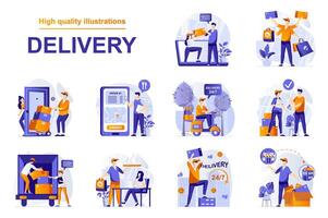 Delivery service web concept with people scenes set in flat style. Bundle of ordering food with courier delivering, fast shipping, logistic transportation. illustration with character design vector