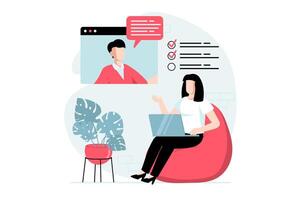 Employee hiring process concept with people scene in flat design. HR manager conducts online interview and working skills test with job seeker. illustration with character situation for web vector