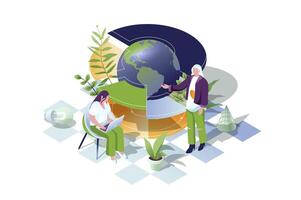 Global business web concept in 3d isometric design. People working in international company. Businesswoman discuss expansion strategy on globe and develop marketing strategy. web illustration. vector