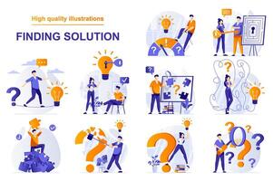 Finding solution web concept with people scenes set in flat style. Bundle of brainstorming, human creativity, generate ideas, thinking questions, challenge. illustration with character design vector