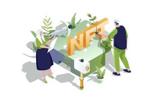 nft tecnología web concepto en 3d isométrica diseño. personas crear digital obras de arte con único no fungible fichas, de venta letras en en línea subastas y ciber mercados. web ilustración. vector