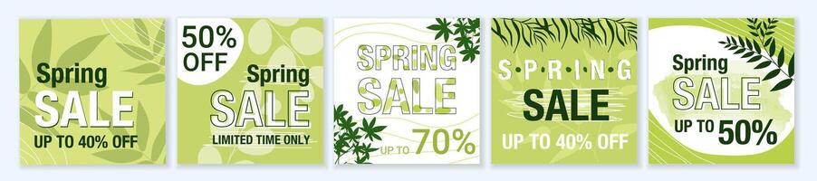 Spring Sale square template set for ads posts in social media. Bundle of fresh green layouts with different leaves and plants. Suitable for mobile apps, banner design and web ads. illustration. vector